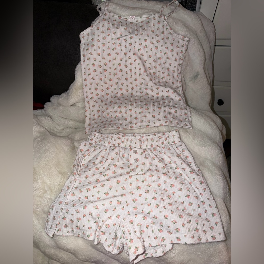 Size Small Floral Ribbed Two-Piece Loungewear Set - Pink Rose Print